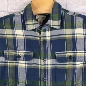 LL‎ Bean Fleece Lined Flannel Shirt Mens Medium Blue Green Plaid 298189 Jacket